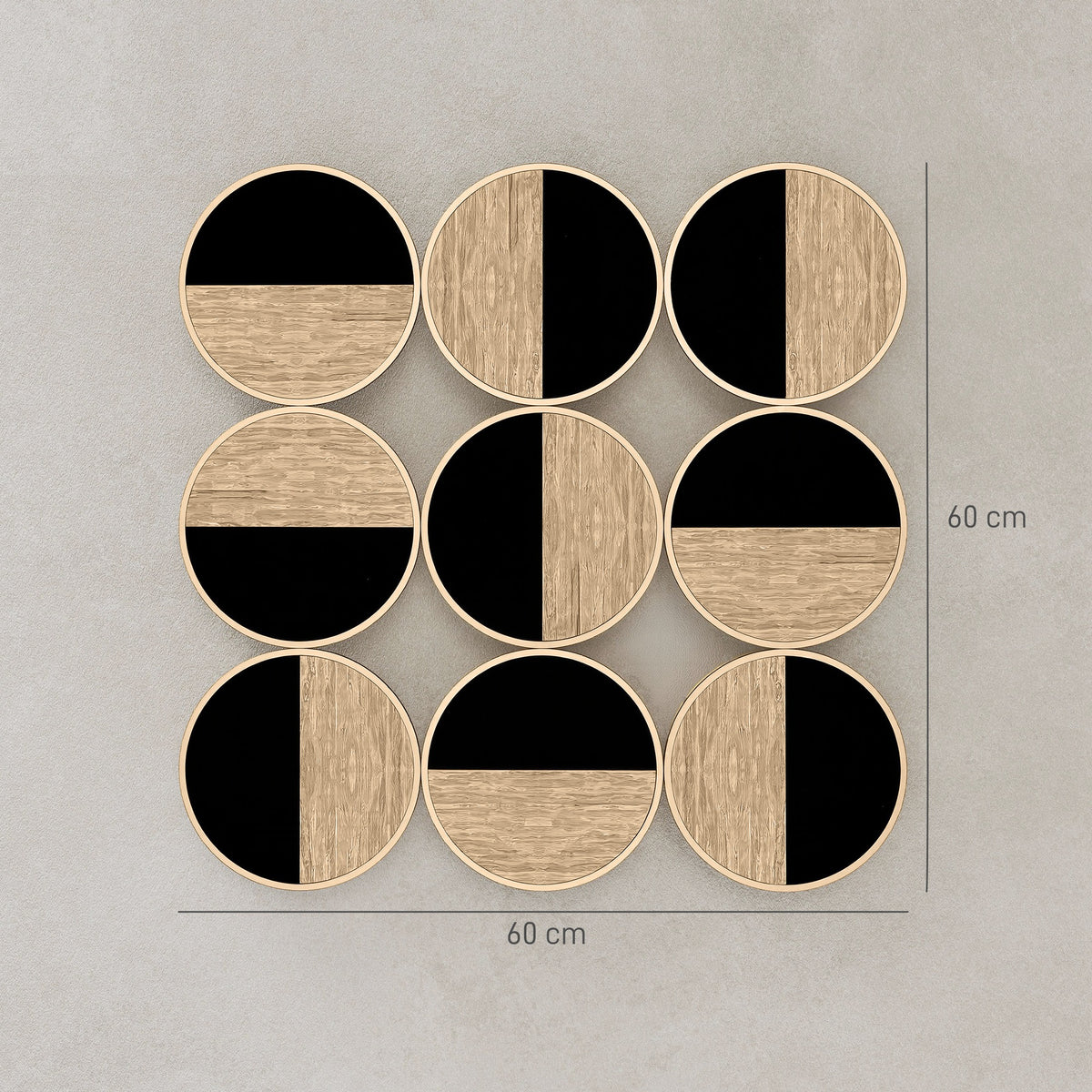 Décoration murale en métal, sculpture murale en métal, design unique à plusieurs disques, 60 x 60 cm, naturel et noir-2