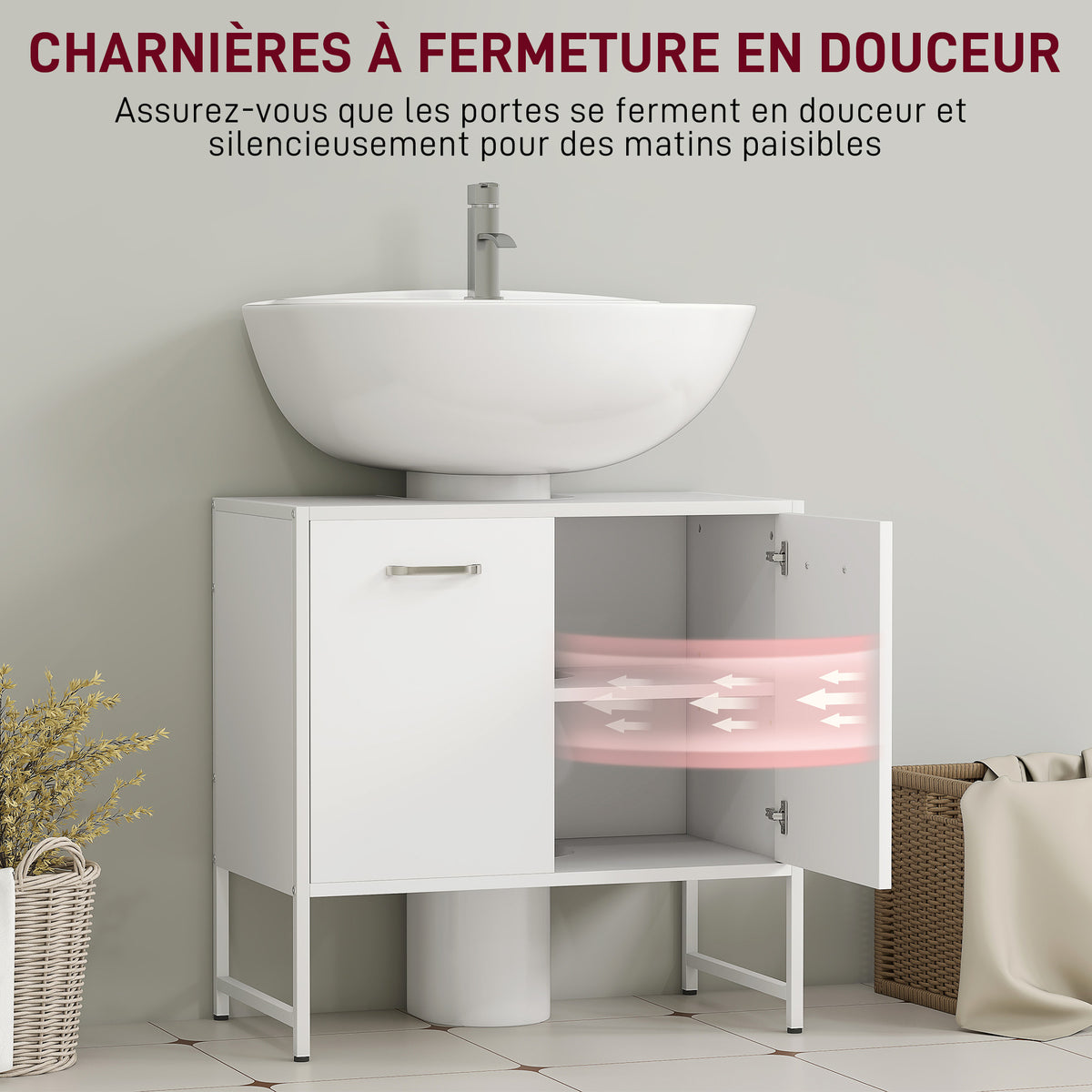 Meuble sous lavabo, meuble de salle de bain avec 2 portes à fermeture douce et étagère réglable, blanc-4