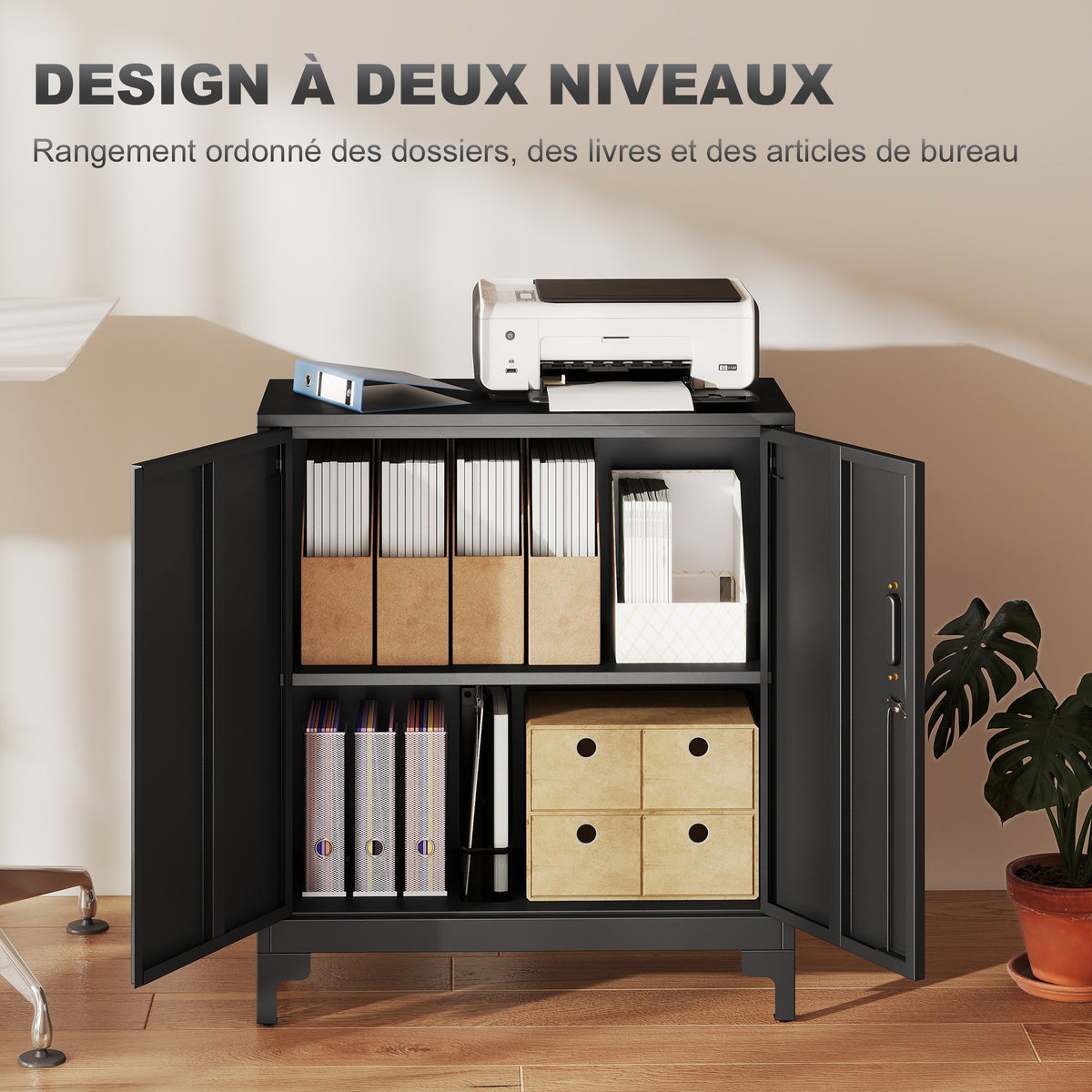 Armoire de bureau à 2 niveaux, meuble de rangement bureau métallique avec 2 portes verrouillables, 80 x 35 x 91 cm, noir-3