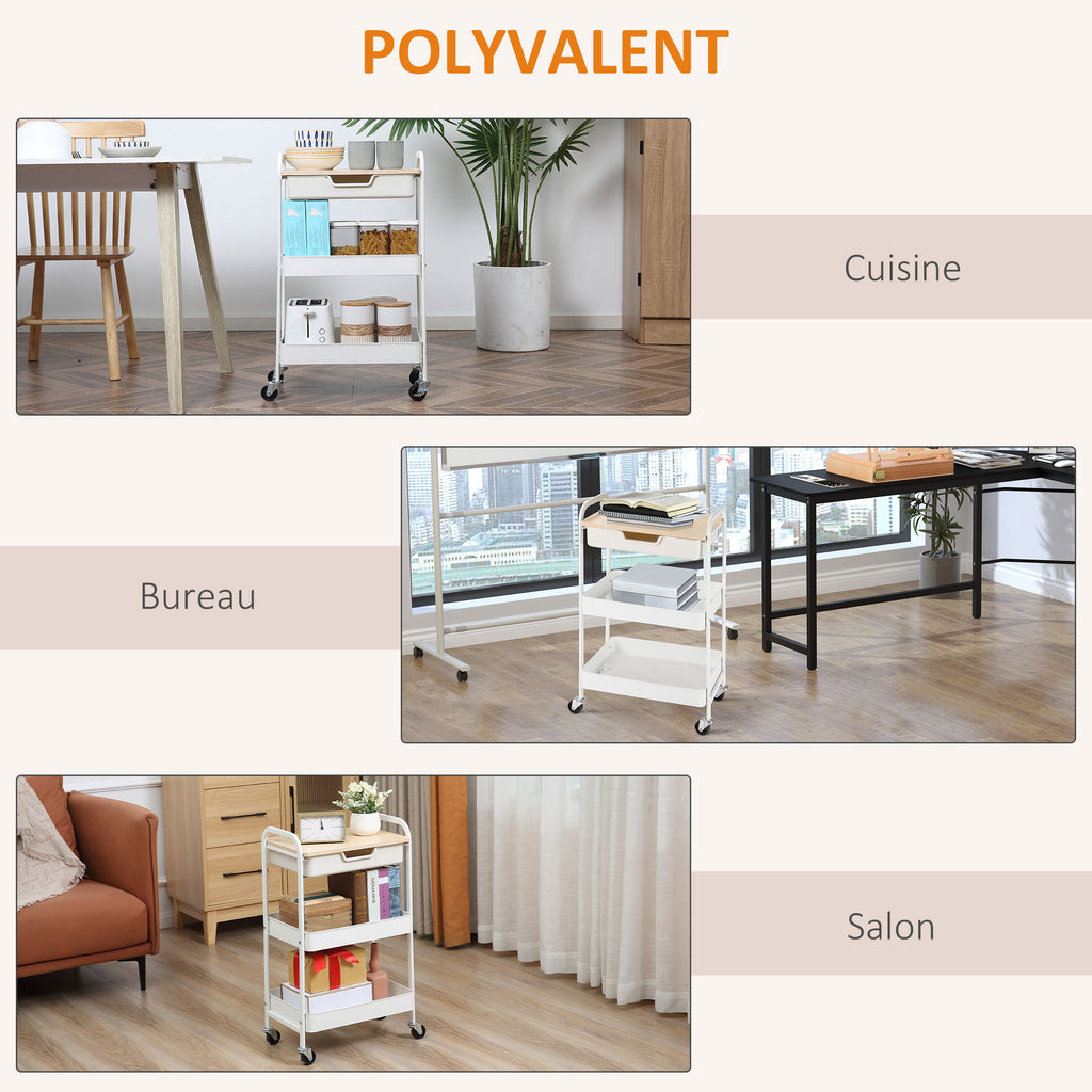 Desserte de cuisine chariot de service 2 étagères tiroir plateau aspect bois clair acier PP blanc-6