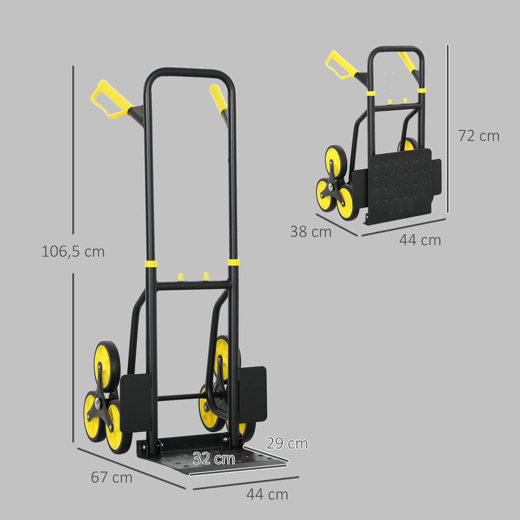 Diable d'escalier pliable 120 kg 6 roues, diable demenagement en acier avec cordes télescopiques, 44x67x106,5cm, jaune-2
