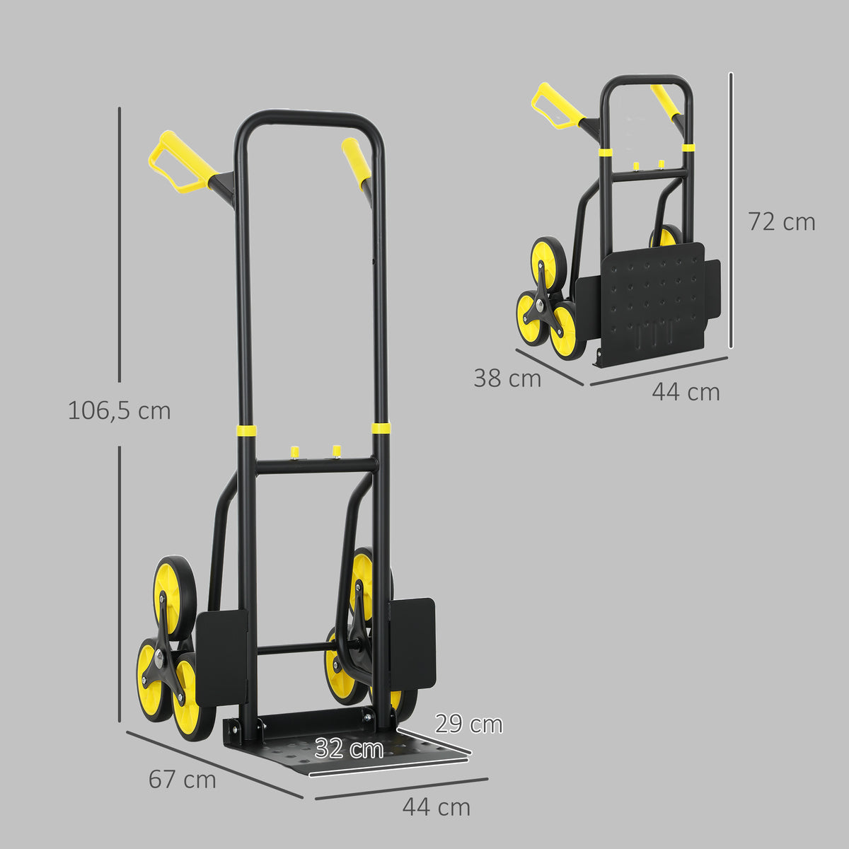 Diable d'escalier pliable 120 kg 6 roues, diable demenagement en acier avec cordes télescopiques, 44x67x106,5cm, jaune-2
