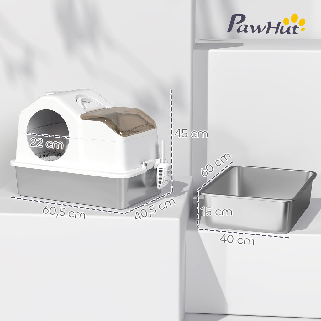 Maison de toilette pour chat avec couvercle amovible, bac à litière chat fermé côtés hauts, 60,5x40,5x45cm, blanc-2