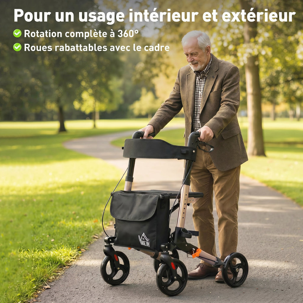 Déambulateur 4 Roues Pliable en Aluminium, Hauteur Réglable 6 Positions, Freins Doubles, Rangement, 64x67x92cm, Doré-6