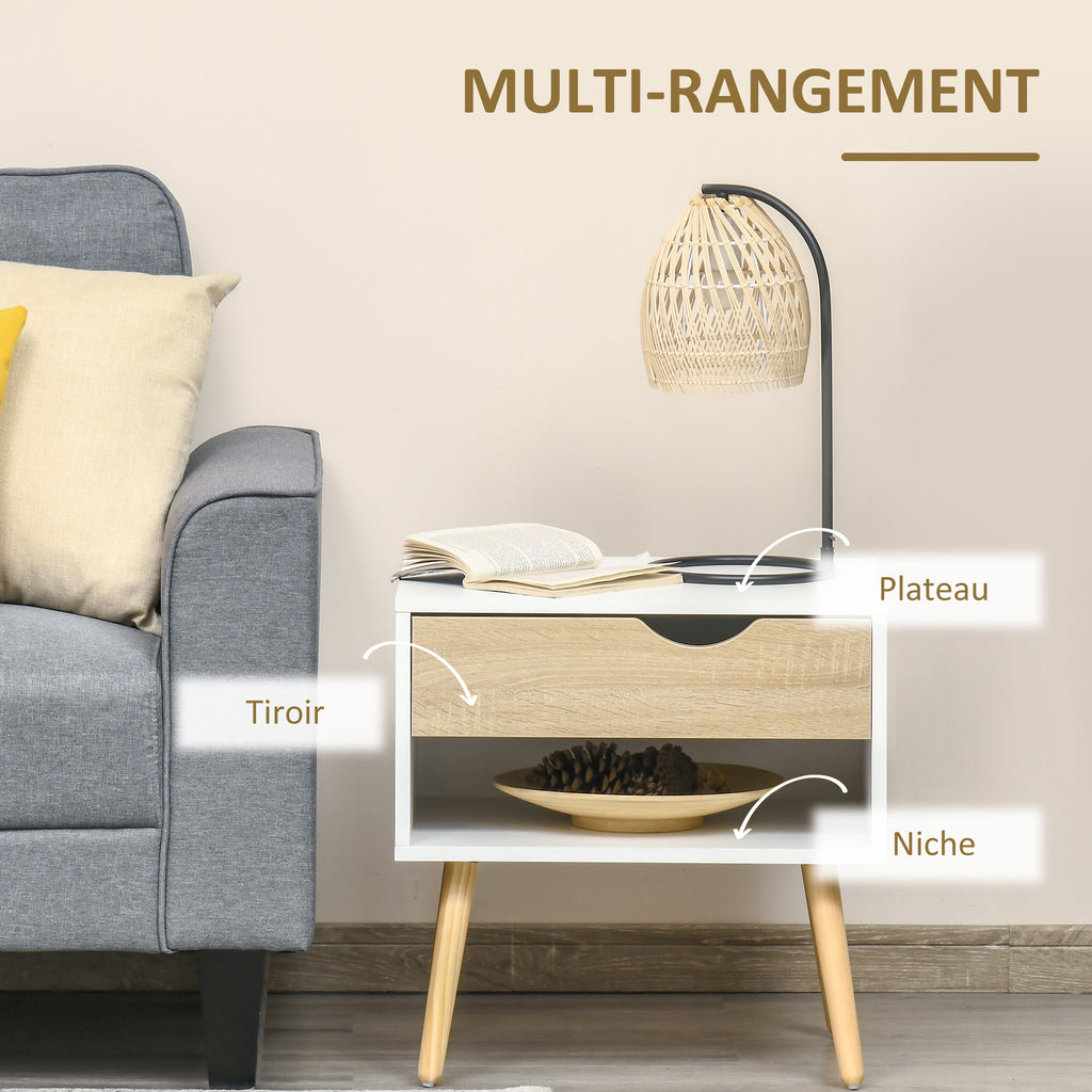 Table de chevet, table de nuit, avec tiroir, design moderne, pieds en bois massif, 50 x 39 x 51 cm, blanc et bois naturel-5