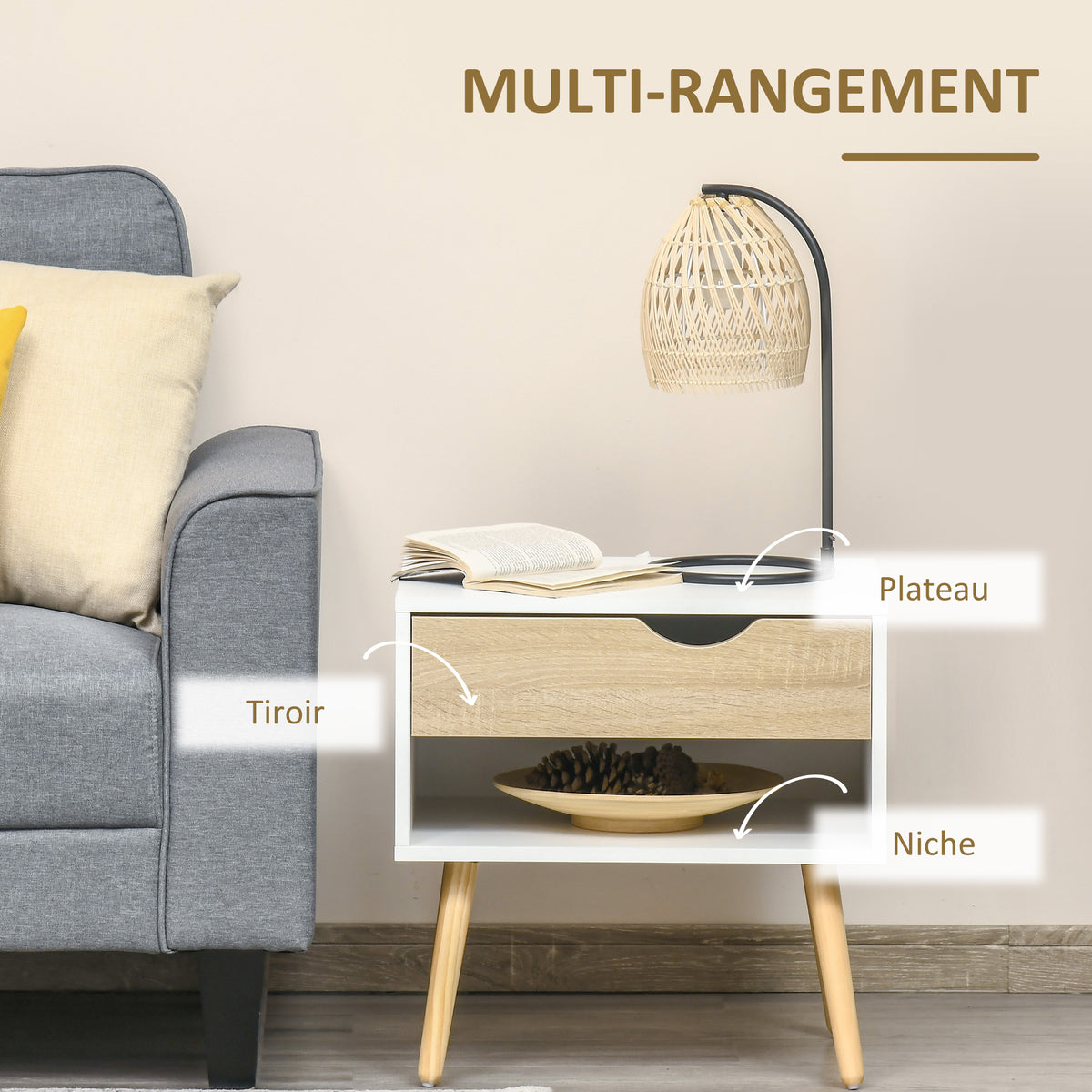 Table de chevet, table de nuit, avec tiroir, design moderne, pieds en bois massif, 50 x 39 x 51 cm, blanc et bois naturel-5