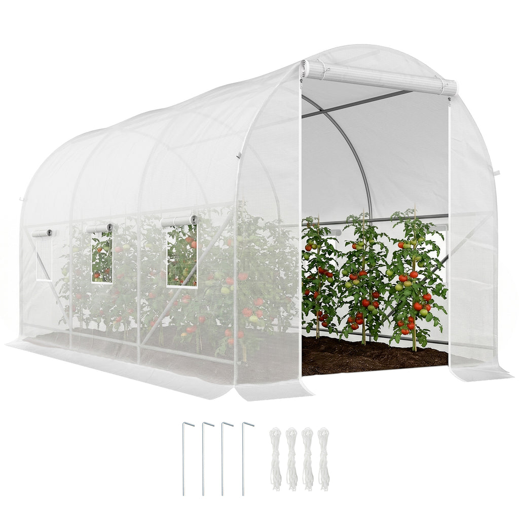 Serre tunnel de jardin 7m², serre de jardin tunnel avec porte et 6 fenêtres, bâche PE 140 g/m² 350 x 200 x 200 cm blanc-0