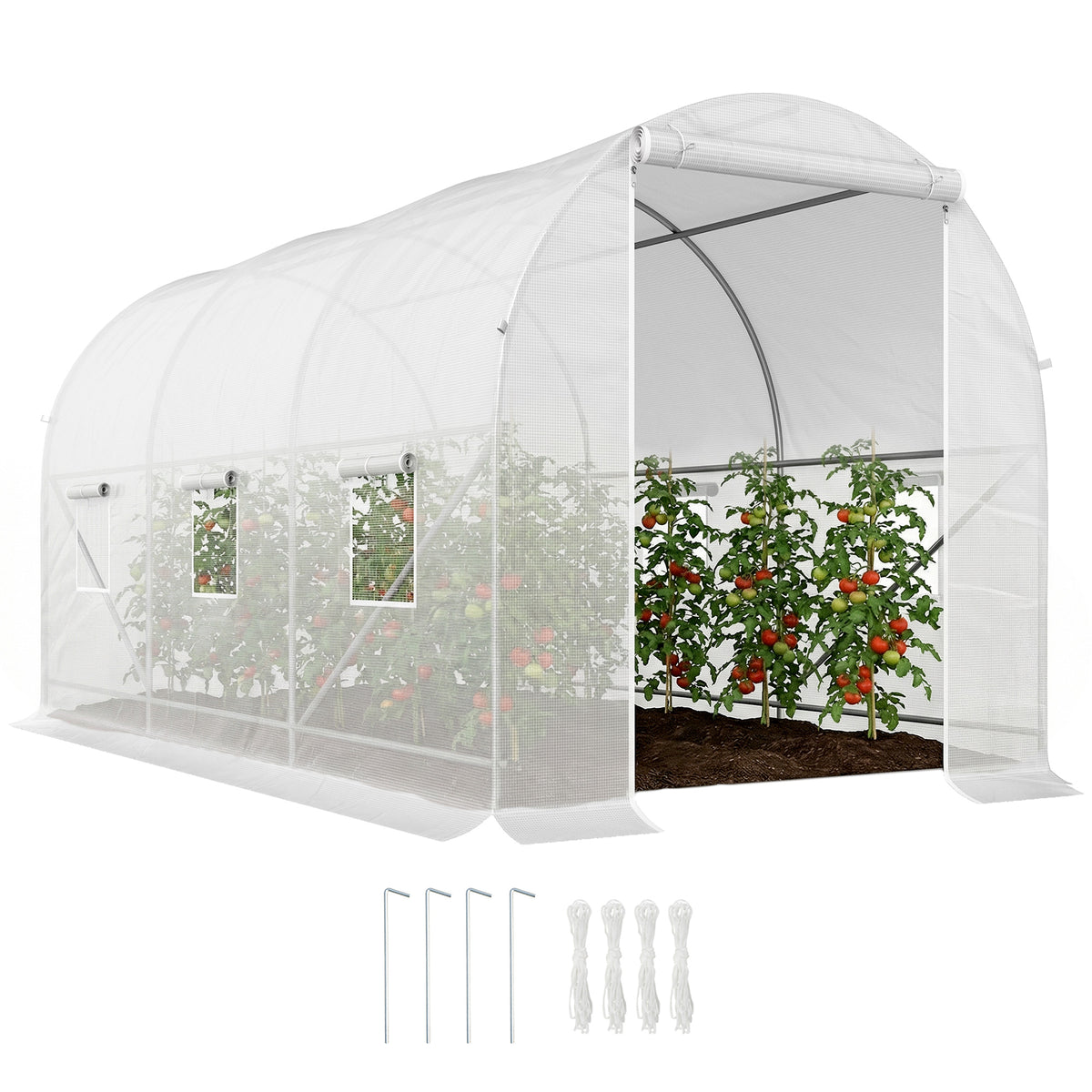 Serre tunnel de jardin 7m², serre de jardin tunnel avec porte et 6 fenêtres, bâche PE 140 g/m² 350 x 200 x 200 cm blanc-0