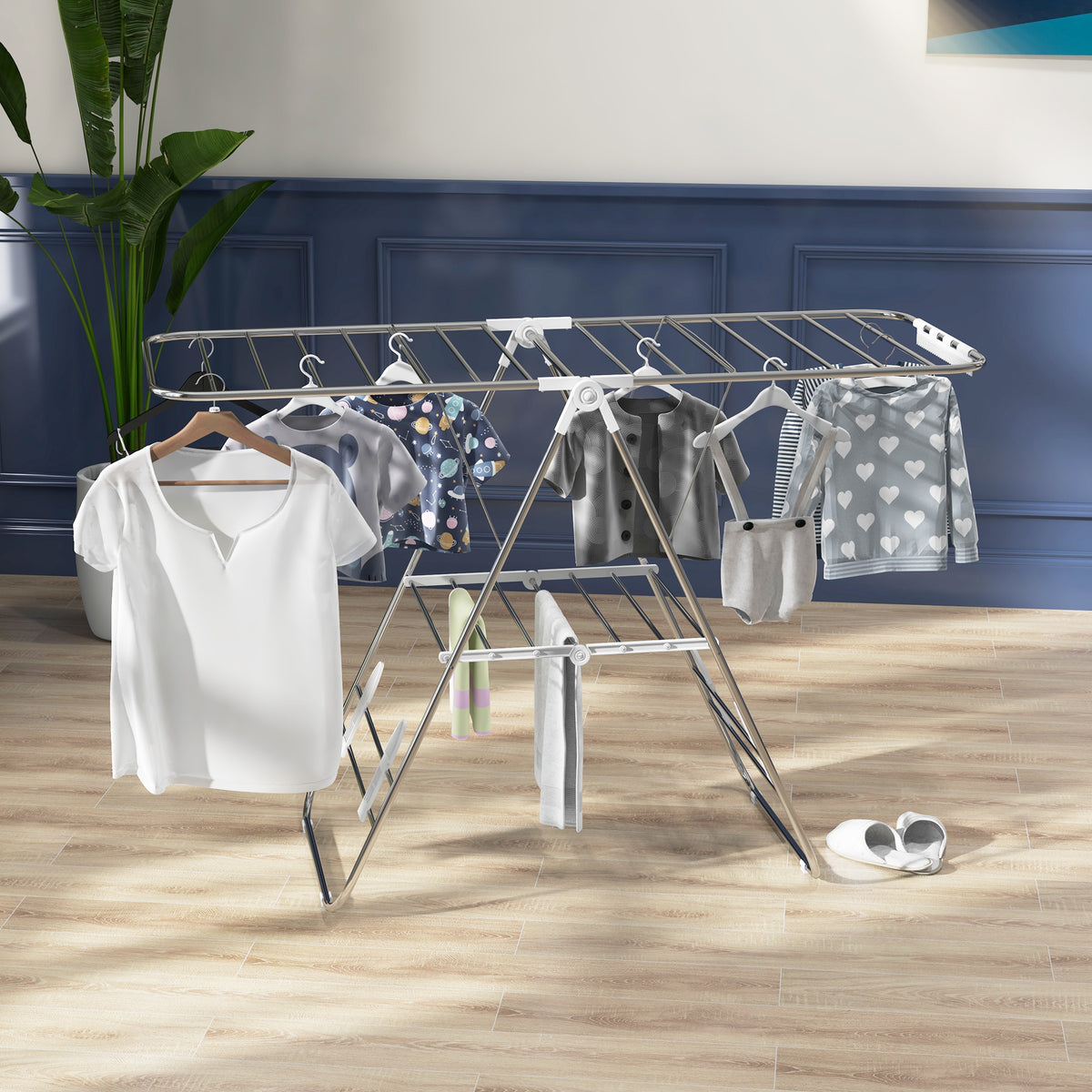 Séchoir à linge sur pieds pliable étendoir 2 niveaux ajustables dim. 148L x 60,5l x 98H cm-1