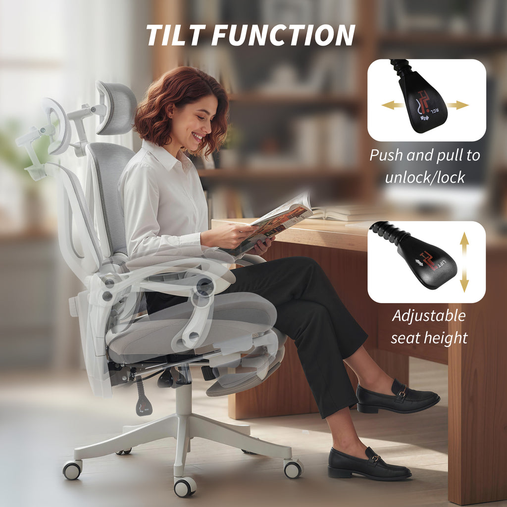 Chaise Bureau Ergonomique avec Appui-Tête Réglable, Fauteuil de Bureau Inclinable en Maille, Dossier Séparé, Gris-8