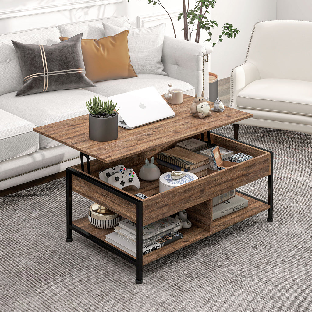 Table basse relevable table de salon compartiment caché 2 étagères inférieures 100 x 80 x 60 cm marron rustique noir-1