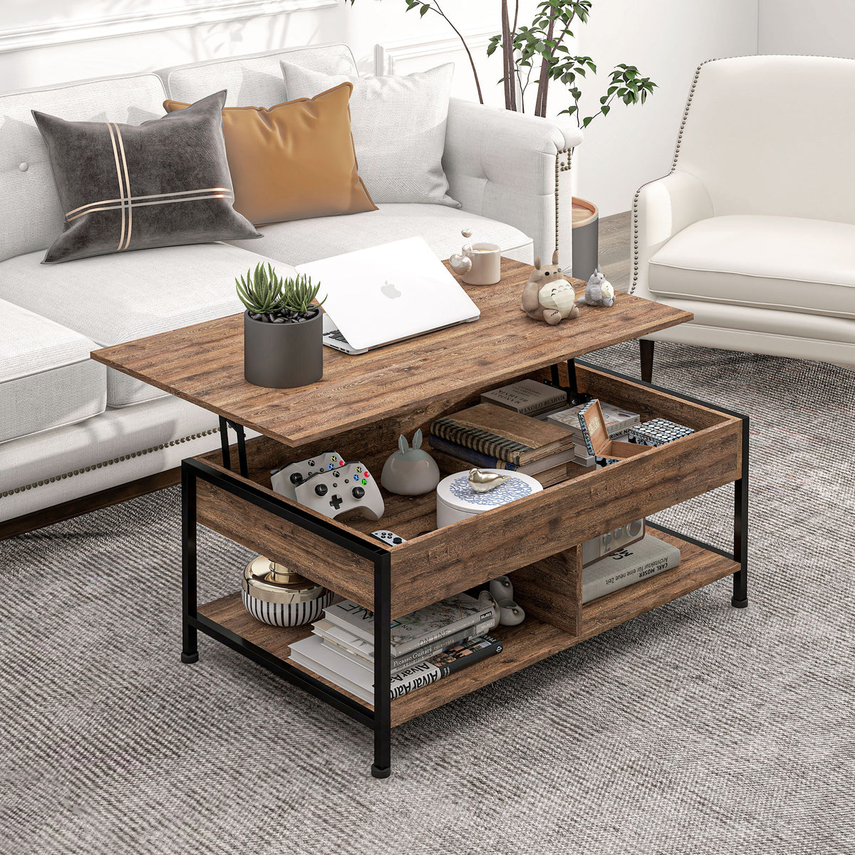 Table basse relevable table de salon compartiment caché 2 étagères inférieures 100 x 80 x 60 cm marron rustique noir-1