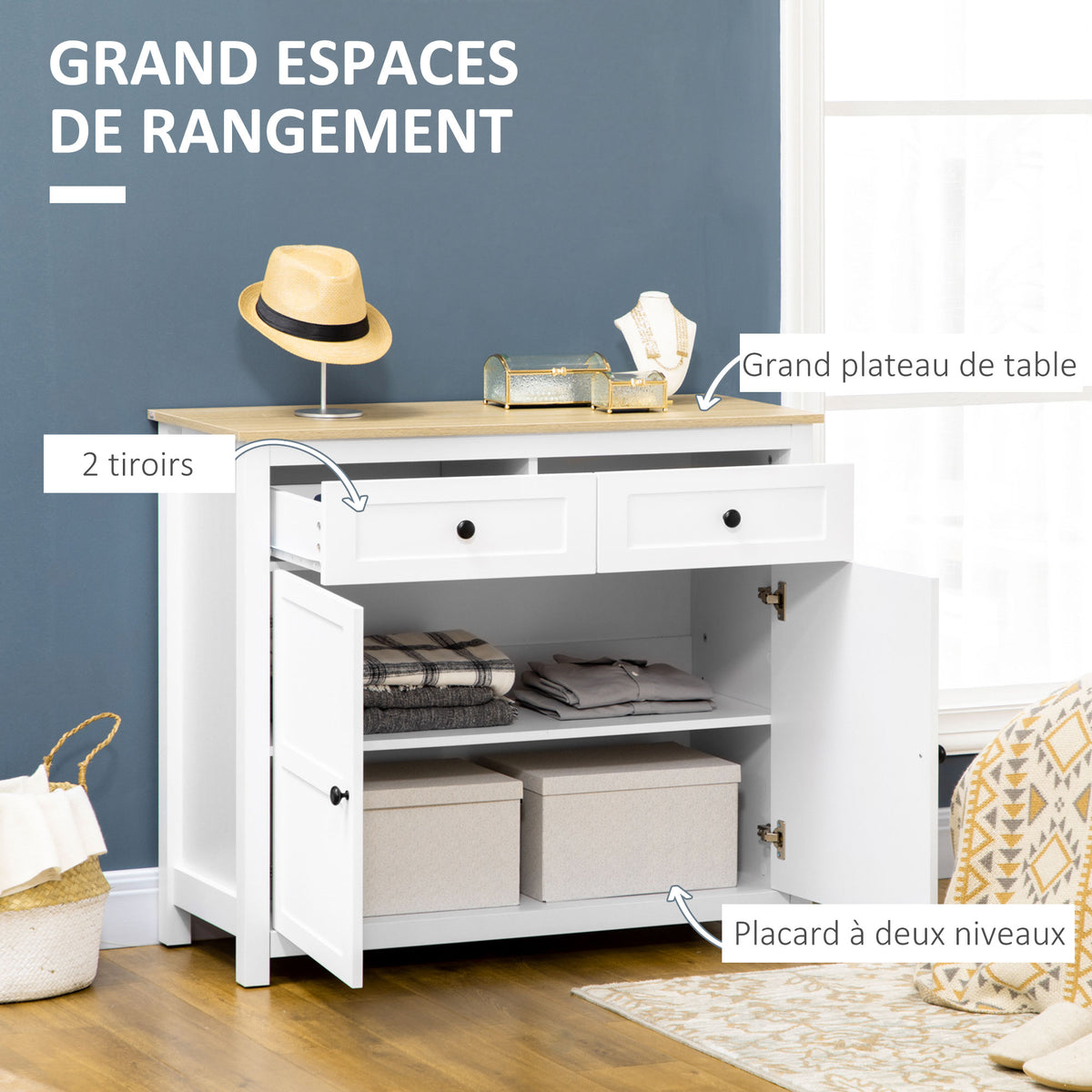 Commode meuble de rangement 2 portes avec étagère réglable en hauteur 2 tiroirs 100 x 40 x 85 cm blanc et aspect bois-3