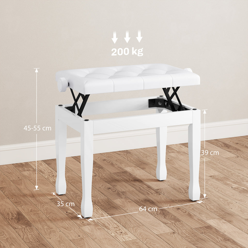 Banc de piano, banc de clavier réglable en hauteur en bois massif, siège rembourré, 64 x 35 x 45-55 cm, blanc-2