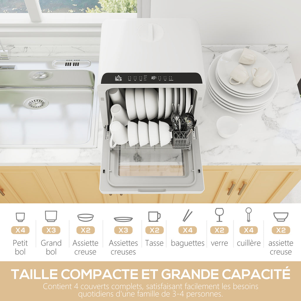 Mini lave-vaisselle compact 4 couverts, lave-vaisselle de table, 6 programmes, commandes tactiles, réservoir 6 L, blanc-3