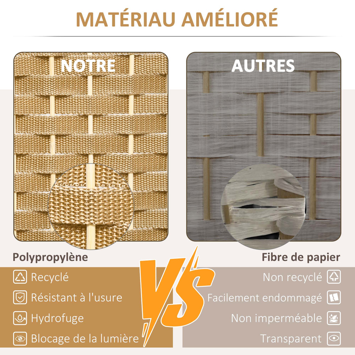 Paravent interieur en bois 4 panneaux 160 x 170 cm séparateur de pièce pliable pour salon, chambre à coucher, naturel-3