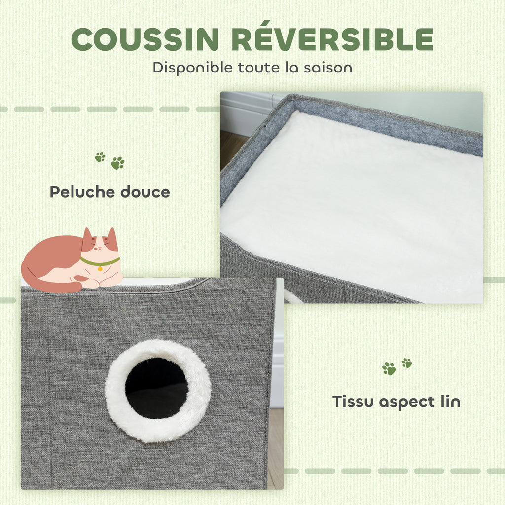 Niche Chat Interieur Pliable avec Griffoir, Lit Surélevé, Entrées, Jouet Suspendu, Coussin Réversible, 60x40x34cm, Gris-4
