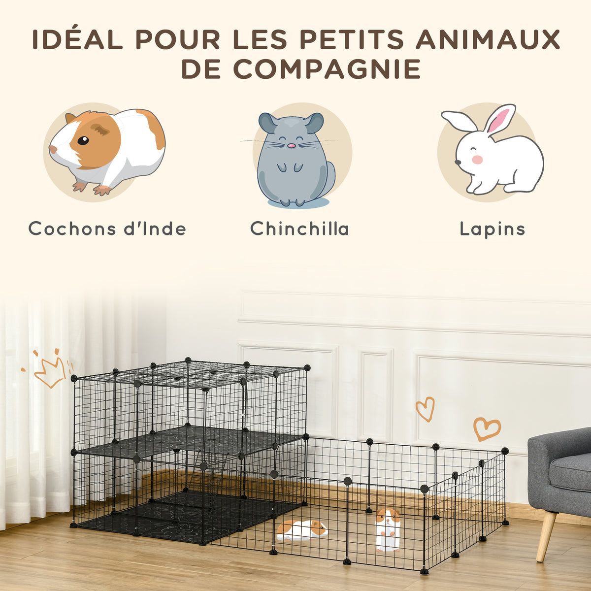 Parc enclos modulable DIY, 2 niveaux, enclos pour petits animaux, hamsters, lapins, cochon d'inde, panneaux grillagés, 45 panneaux, 175 x 105 x 70 cm, noir-3