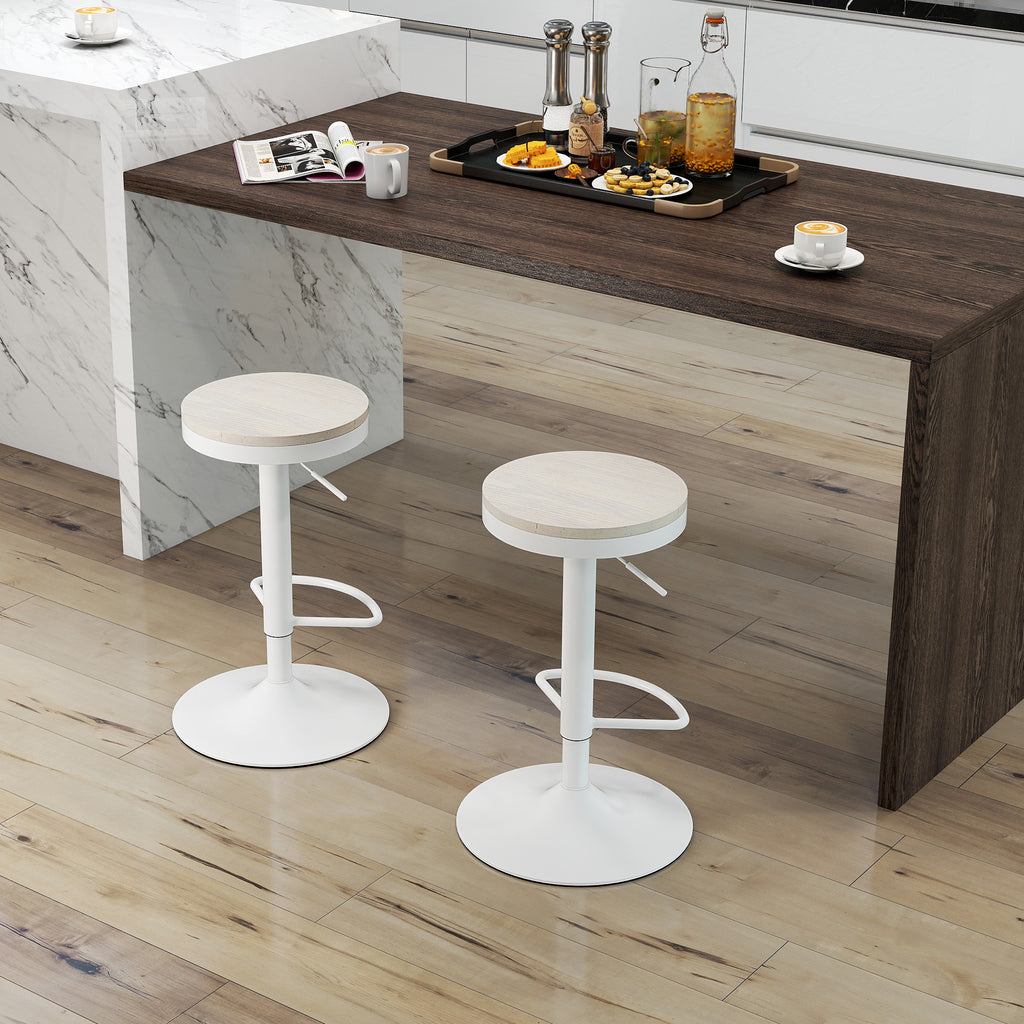 Lot de 2 tabourets de bar, chaises de bar pivotantes avec assise en hévéa, hauteur réglable et repose-pieds, blanc-8