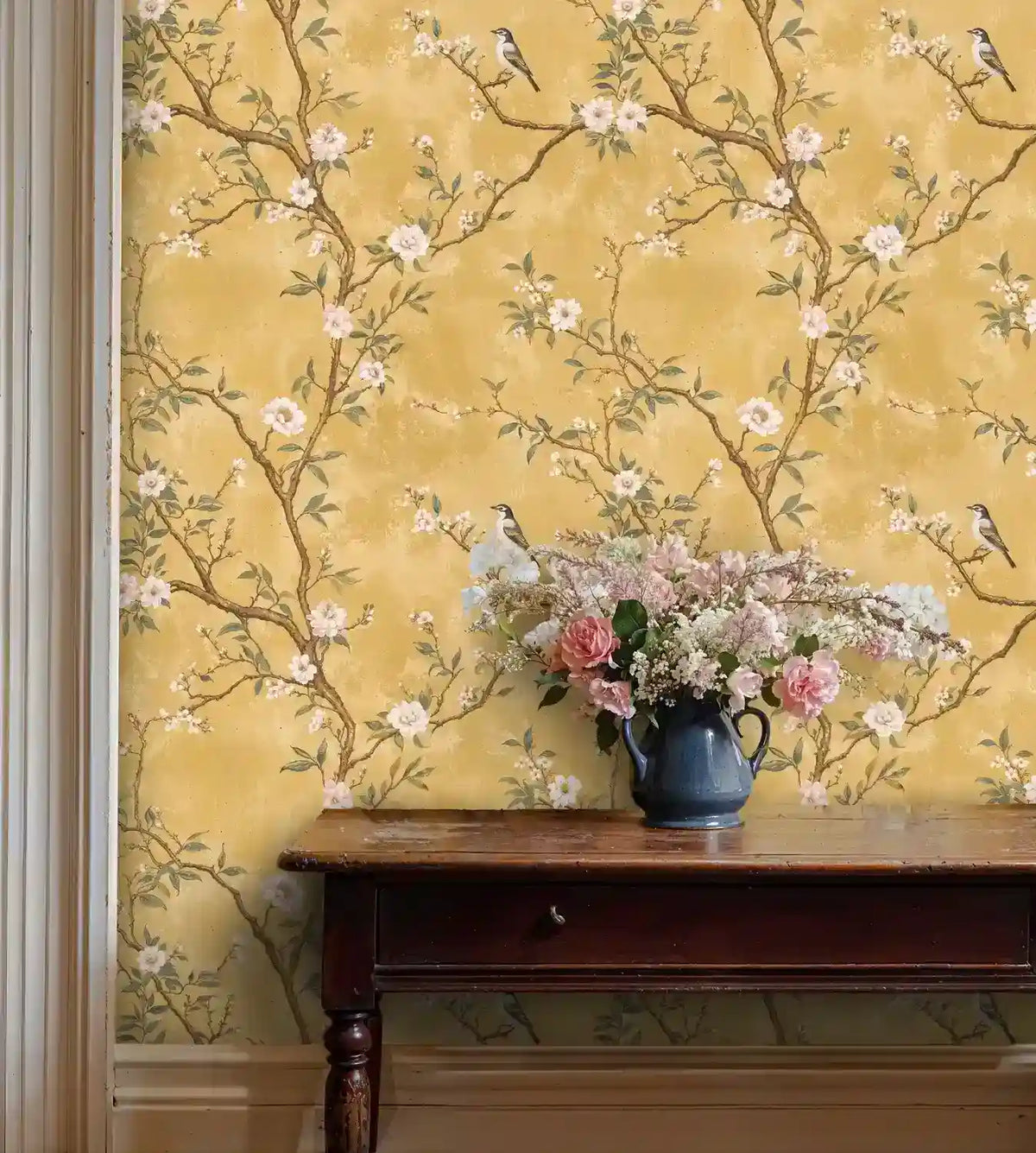 Papier peint chinoiserie oiseaux chanteurs sur branches fleuries