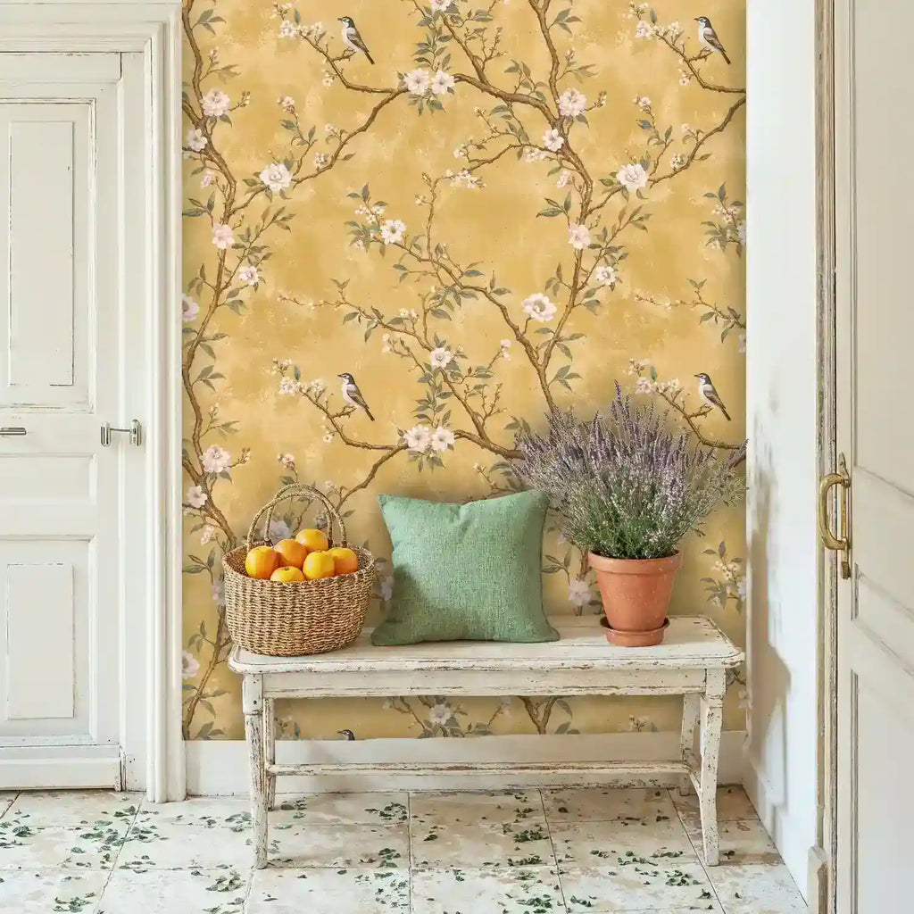 Papier peint chinoiserie oiseaux chanteurs sur branches fleuries
