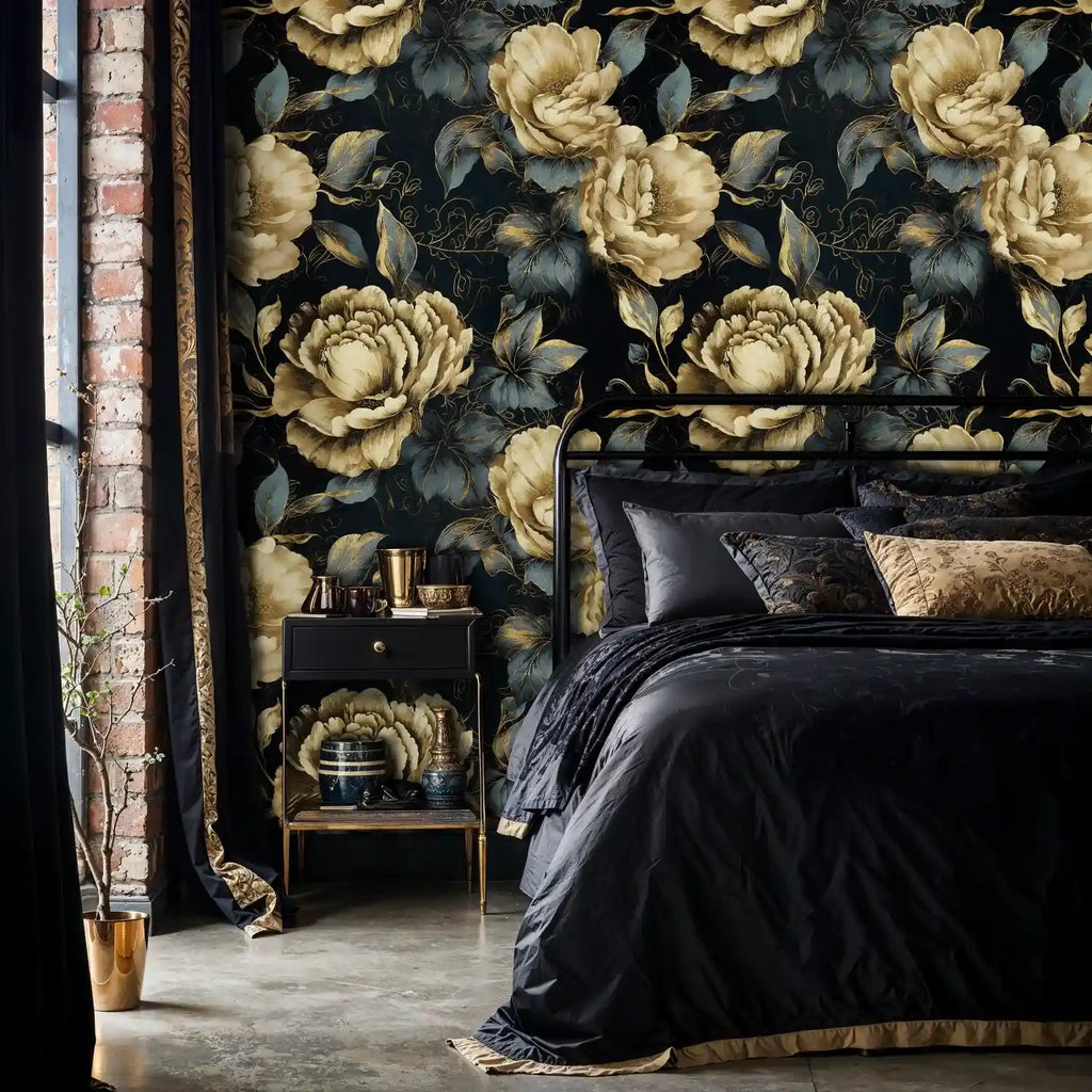 Papier peint pivoines dorées sur fond nuit