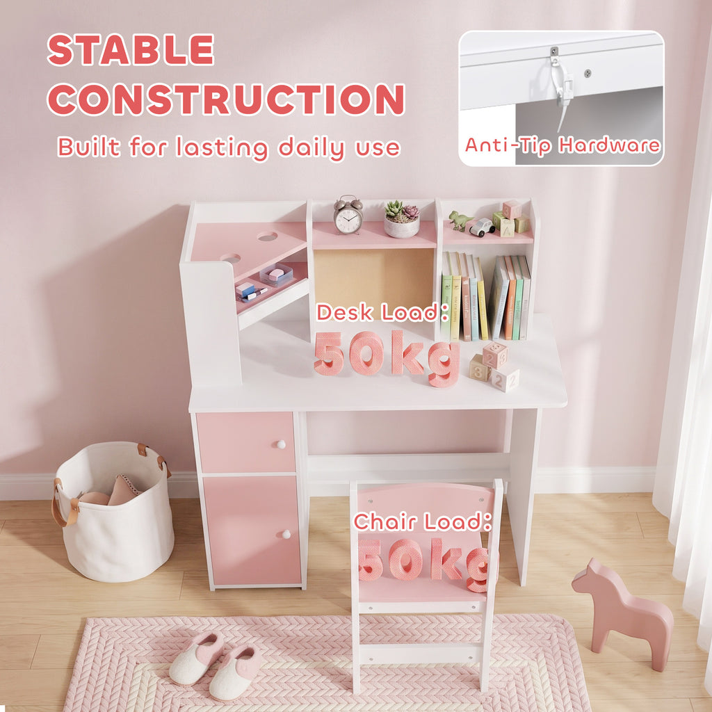 Bureau Enfant avec Chaise, Table d'Étude, Support de Tablette Réglable, Porte-Stylos, Panneau en Liège, 5-12 ans, Rose-7