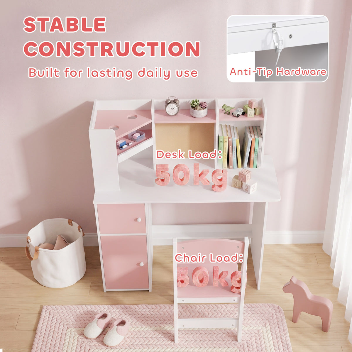 Bureau Enfant avec Chaise, Table d'Étude, Support de Tablette Réglable, Porte-Stylos, Panneau en Liège, 5-12 ans, Rose-7