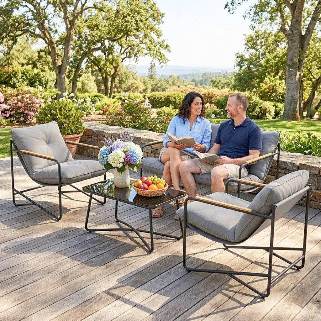 Salon de Jardin 4 Pièces Ensemble avec Canapé 2 Places, 2 Fauteuils et Table Basse Verre Trempé Coussins 13cm Gris Clair-7