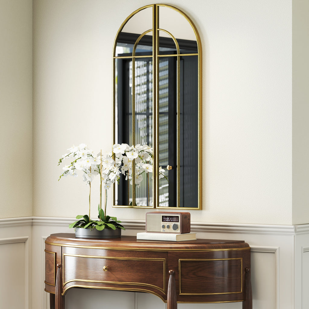 Miroir mural arc 30 x 120 cm, grand miroir décoratif avec cadre métallique, pour salon, chambre, couloir, ton doré-9