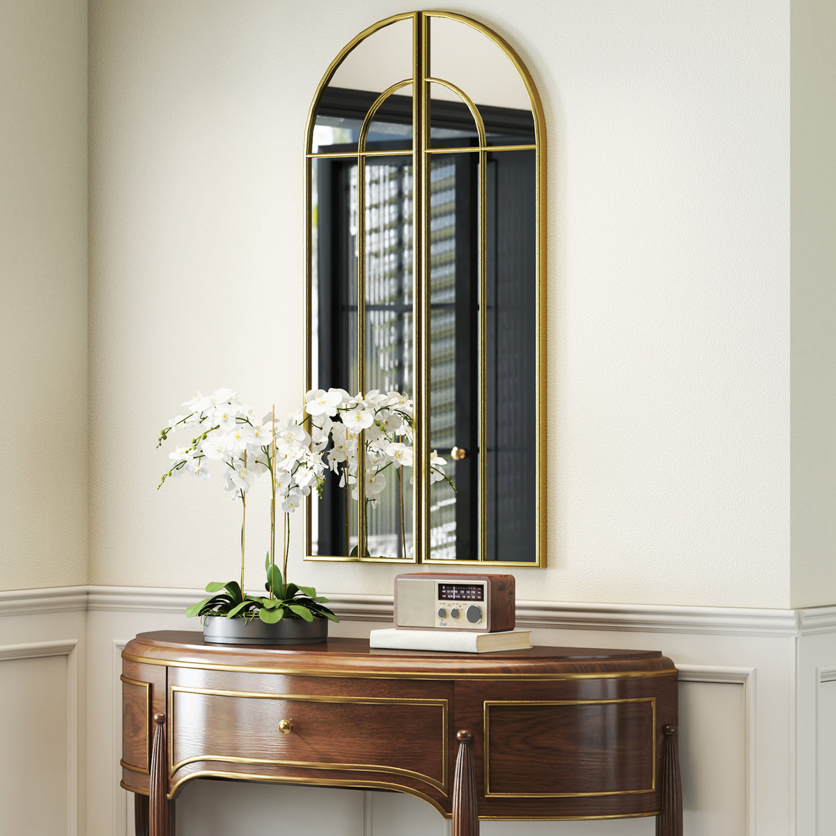 Miroir mural arc 30 x 120 cm, grand miroir décoratif avec cadre métallique, pour salon, chambre, couloir, ton doré-9