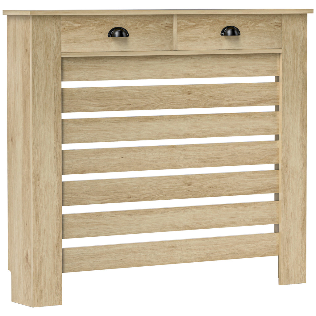 Couvercle de radiateur cache radiateur grille à lattes horizontales avec 2 tiroirs en bois 111l x 19P x 95,5H cm chêne-0