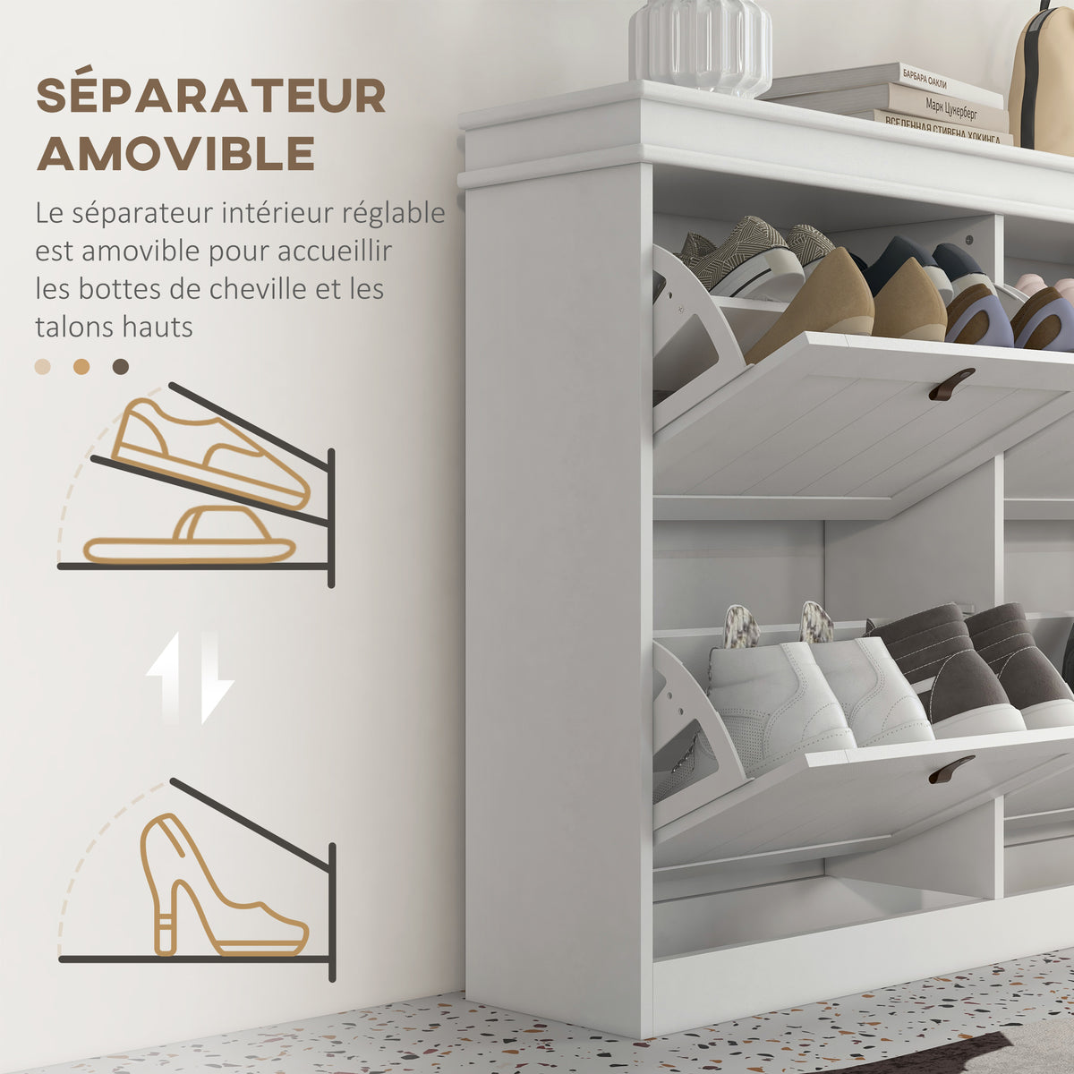 Meuble à chaussures 20 paires, armoire à chaussures, 4 tiroirs rabattables, étagères réglables, 105x24x82,5cm, blanc-5