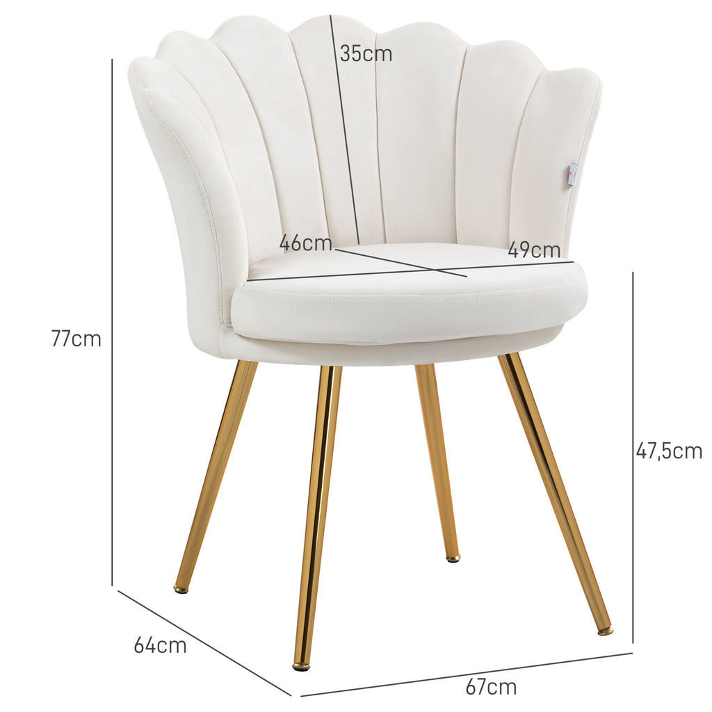 Fauteuil coquillage chaise coiffeuse fauteuil en velours fauteuil de salon avec pieds en métal doré crème-2