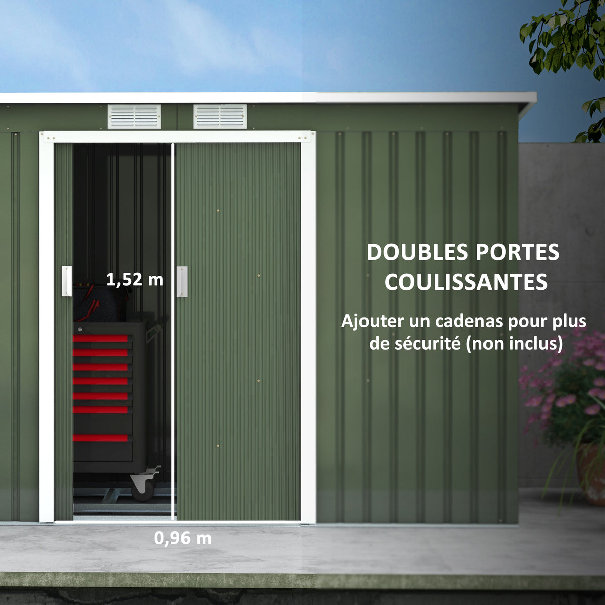 Abri de Jardin 3,6 m² Remise à Outils avec kit de fondation en Acier galvanisé avec Portes coulissantes Vert clair-4