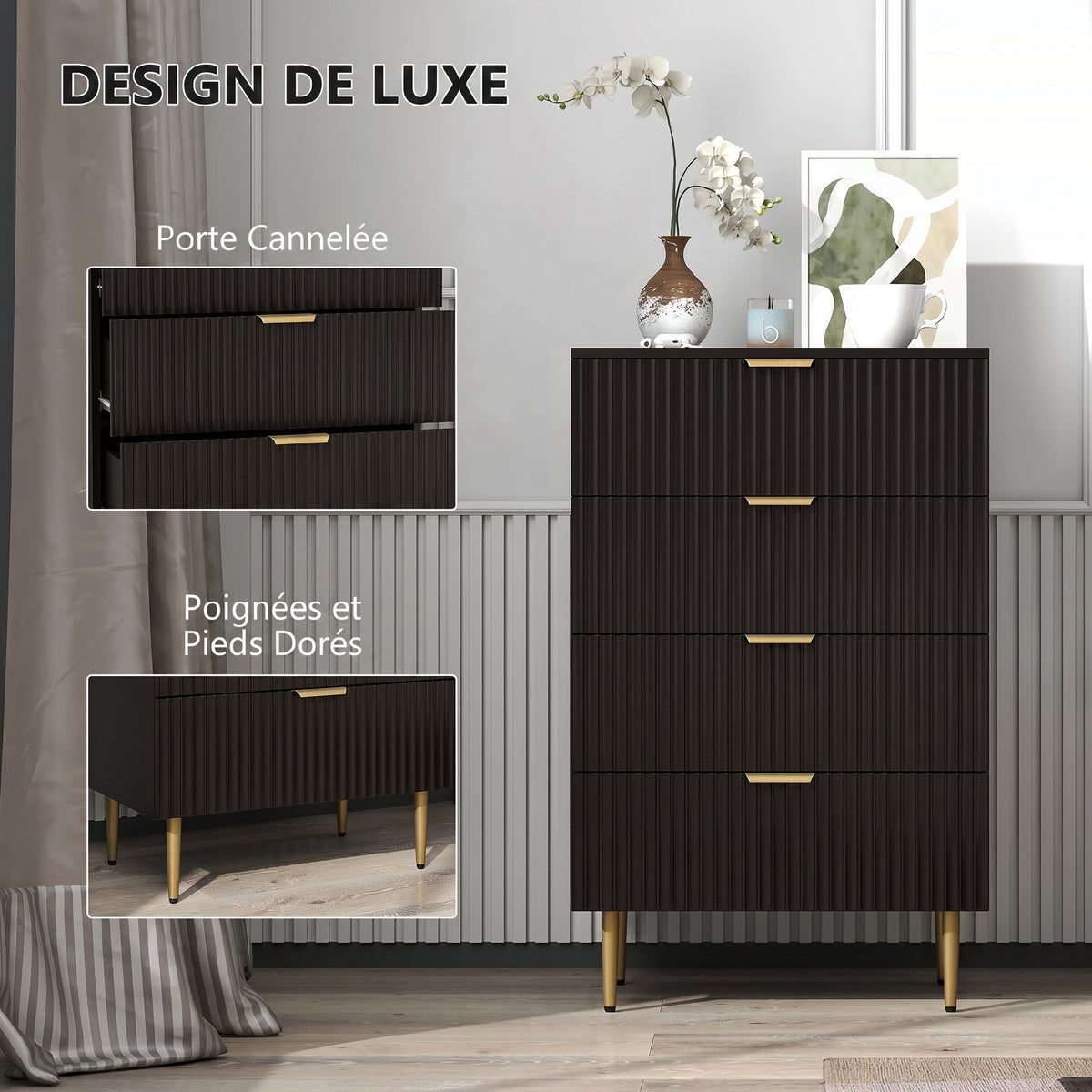Commode 4 tiroirs commode chambre meuble de rangement moderne avec poignées et pieds dorés, dim. 60 x 40 x 96 cm, noir-4