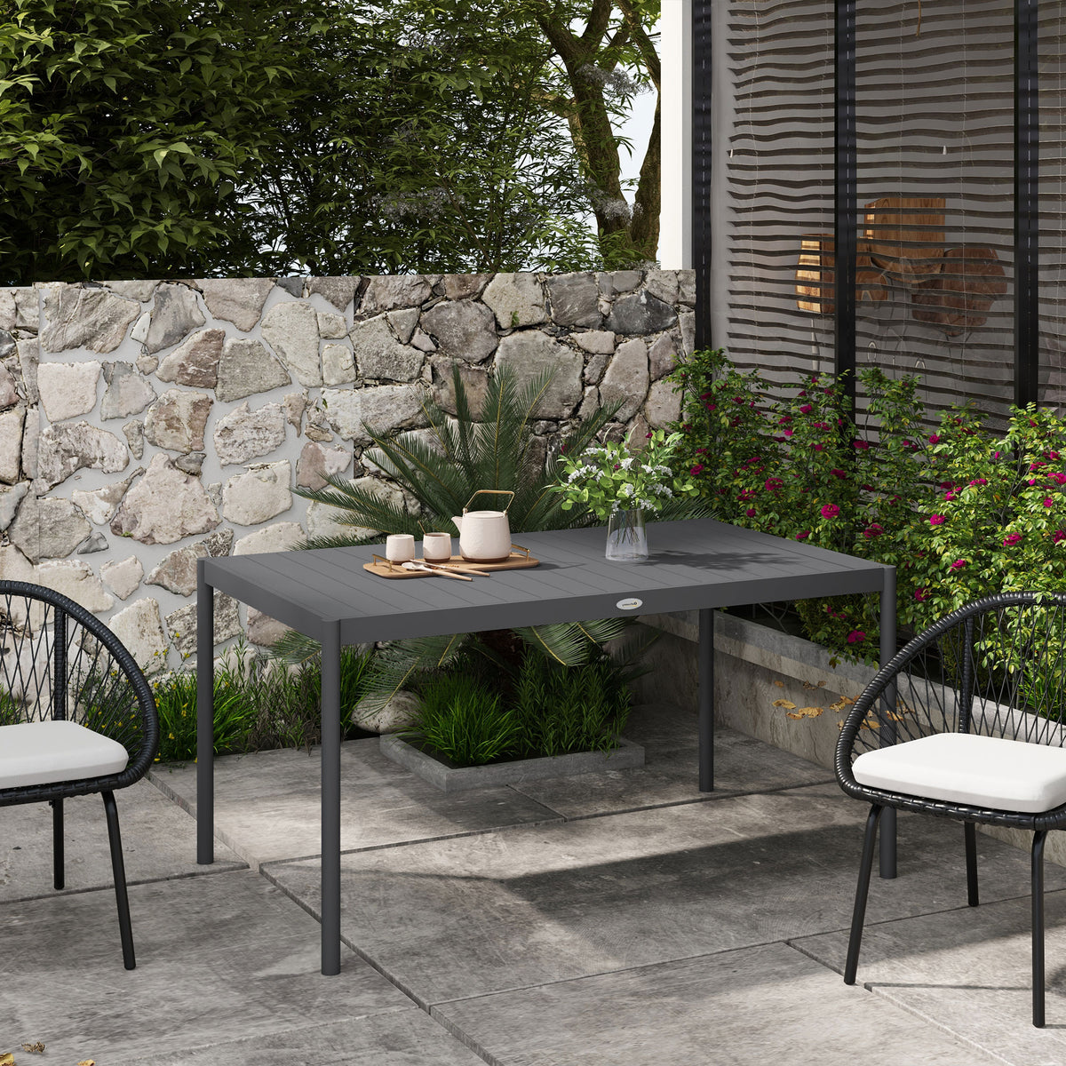 Table de jardin rectangulaire pour 6 personnes en aluminium plateau à lattes dim. 145L x 90l x 74H cm gris-1