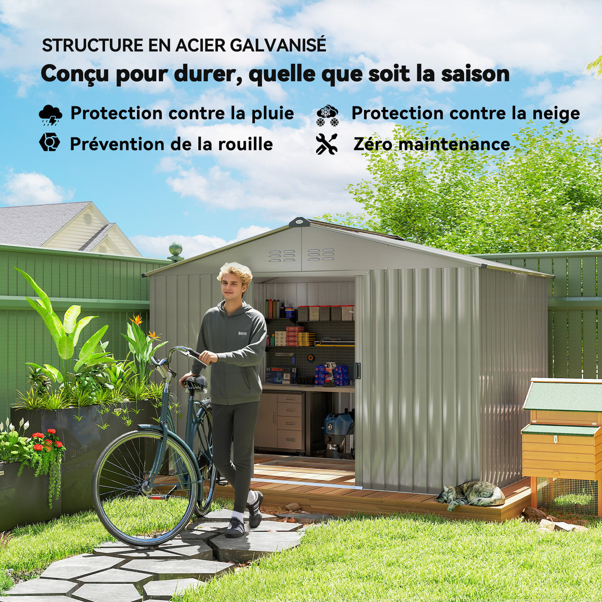 Abri de jardin 5,4 m² dim. 2,77 x 1,95 x 1,92 m fondation incluse porte coulissante ventilations tôle acier, anthracite-4