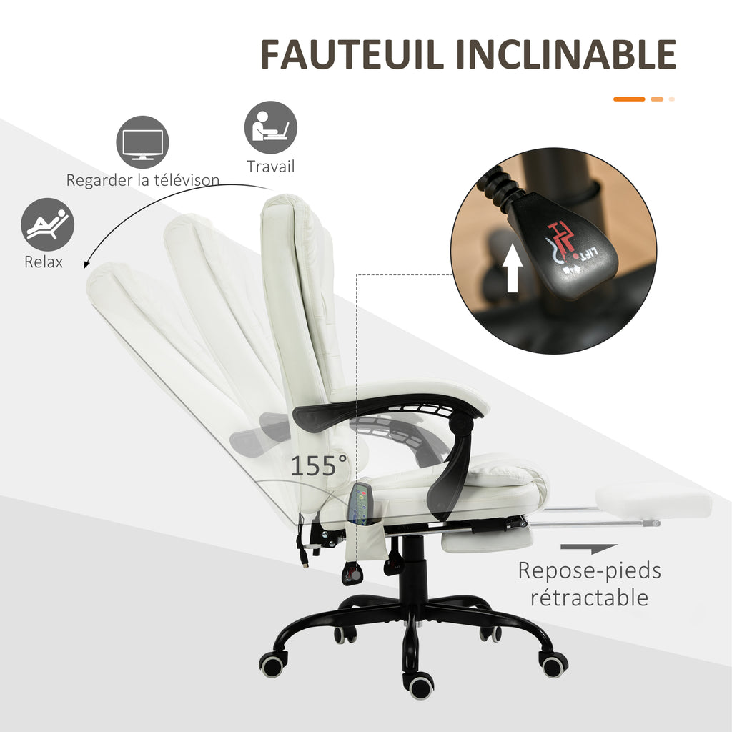 Fauteuil de Bureau Massant 7 Points, Chaise de Bureau Ergonomique avec Repose-pieds Rétractable, Dossier Inclinable 155°, Hauteur Réglable, Pivotant à 360°, télécommande Filaire, Blanc-6