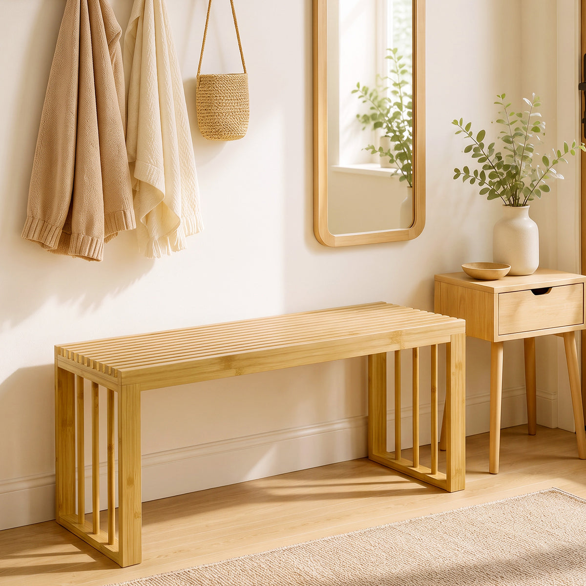 Banc à Chaussures en Bambou, Banc d'Entrée Sans Dossier, Assise en Bois Ajourée, 90 x 33 x 43 cm, Bois Naturel-1
