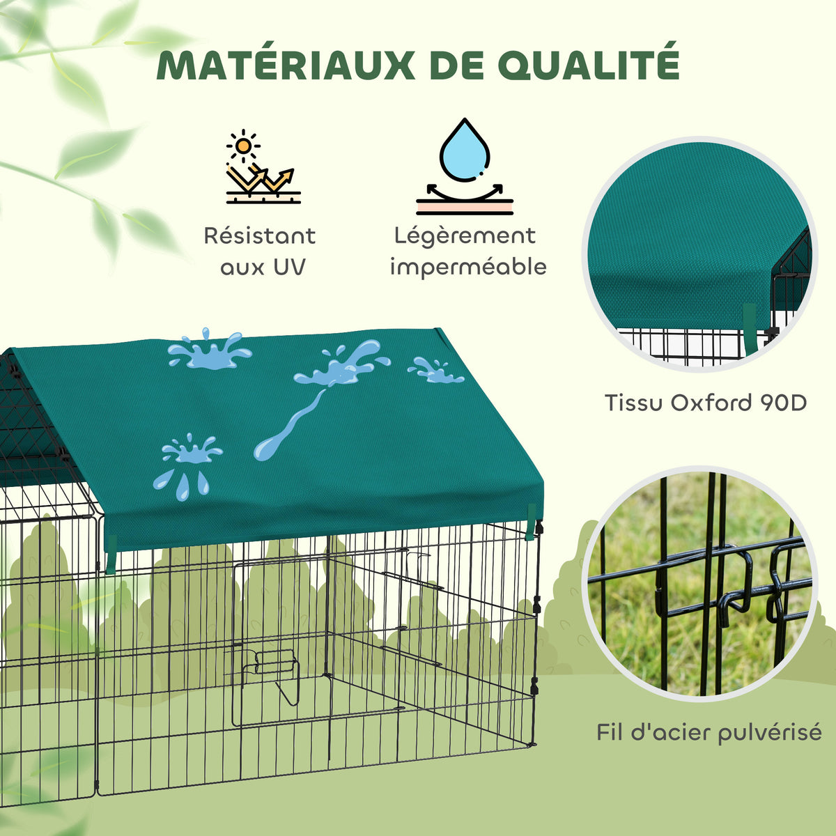 Parc enclos cage lapin extérieur structure acier avec protection solaire et portes verrouillables 185 x 75 x 75 cm vert-3