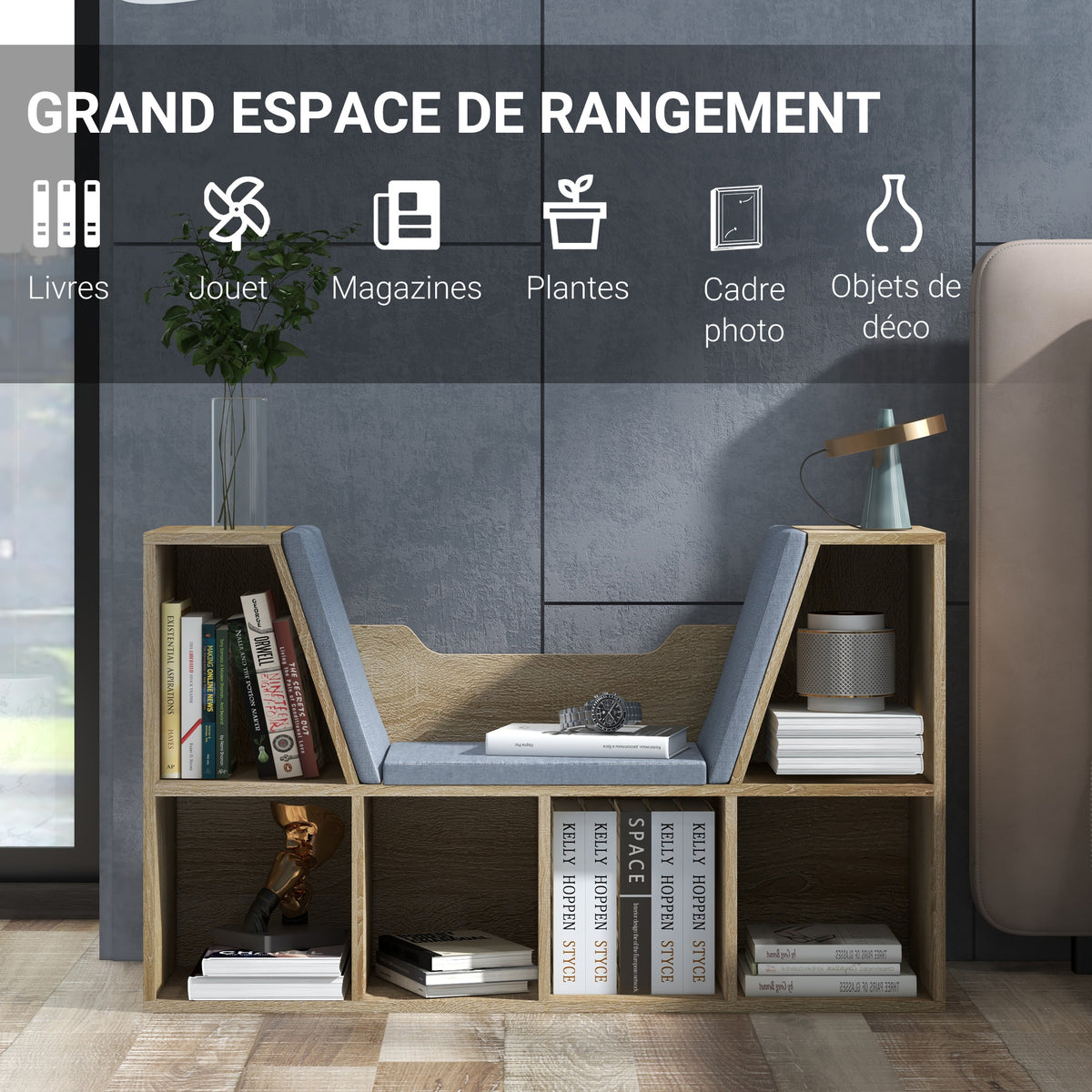 Bibliothèque Banc 2 en 1 Design Contemporain 6 casiers 3 Coussins fournis 102L x 30l x 61H cm Chêne Gris-3