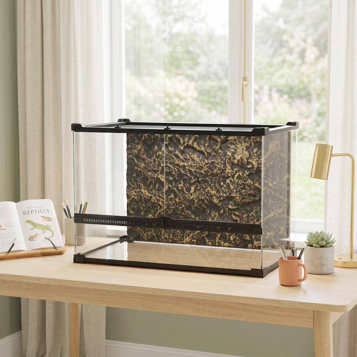 Boîte à Reptiles avec Panneau de Fond, Fermeture Sécurisée Par Rotation, Ventilation Frontale, 50x30x35cm, Noir-1
