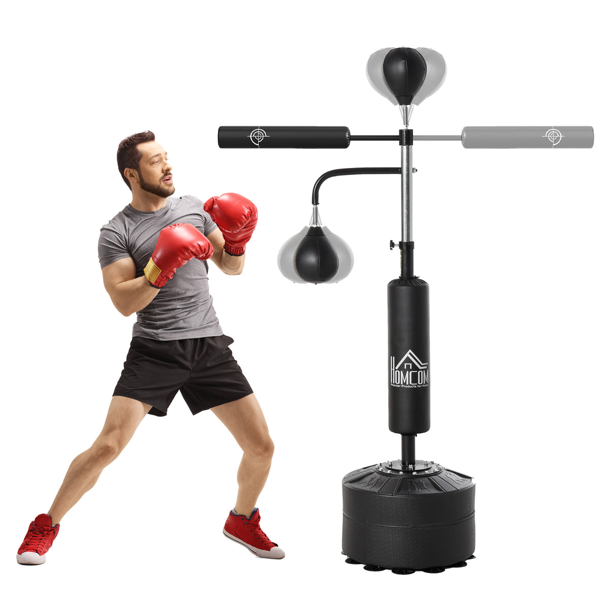 Sac de frappe sur pied 4 en 1, punching ball autonome 2 balles de vitesse barre rotative 360° hauteur réglable 160-230 cm, sac de boxe pour adultes, pour Boxe Muay Thaï Taekwondo, noir-0