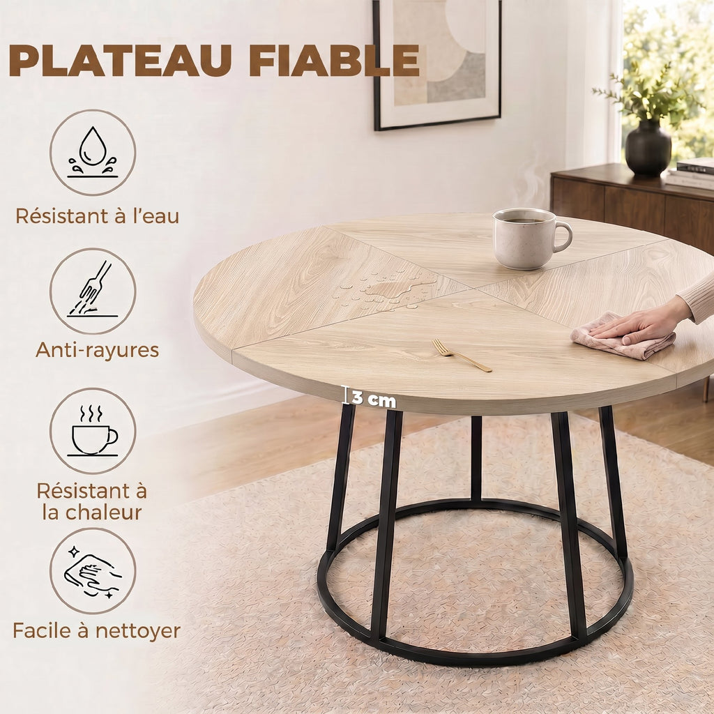 Table à Manger Ronde pour 4 à 6 Personnes, Ø 120 x 75 cm, Table de Cuisine avec Piétement Conique en Métal, Bois Naturel-5