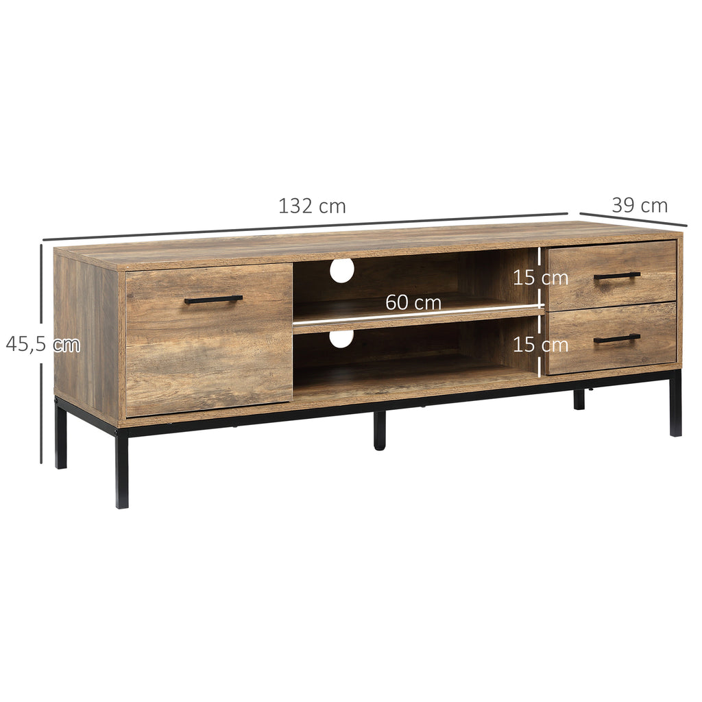 Meuble TV banc TV jusqu'à 50 pouces placard, 2 tiroirs et étagère - 2 passe-câbles - 132 x 39 x 45,5 cm marron noir-2