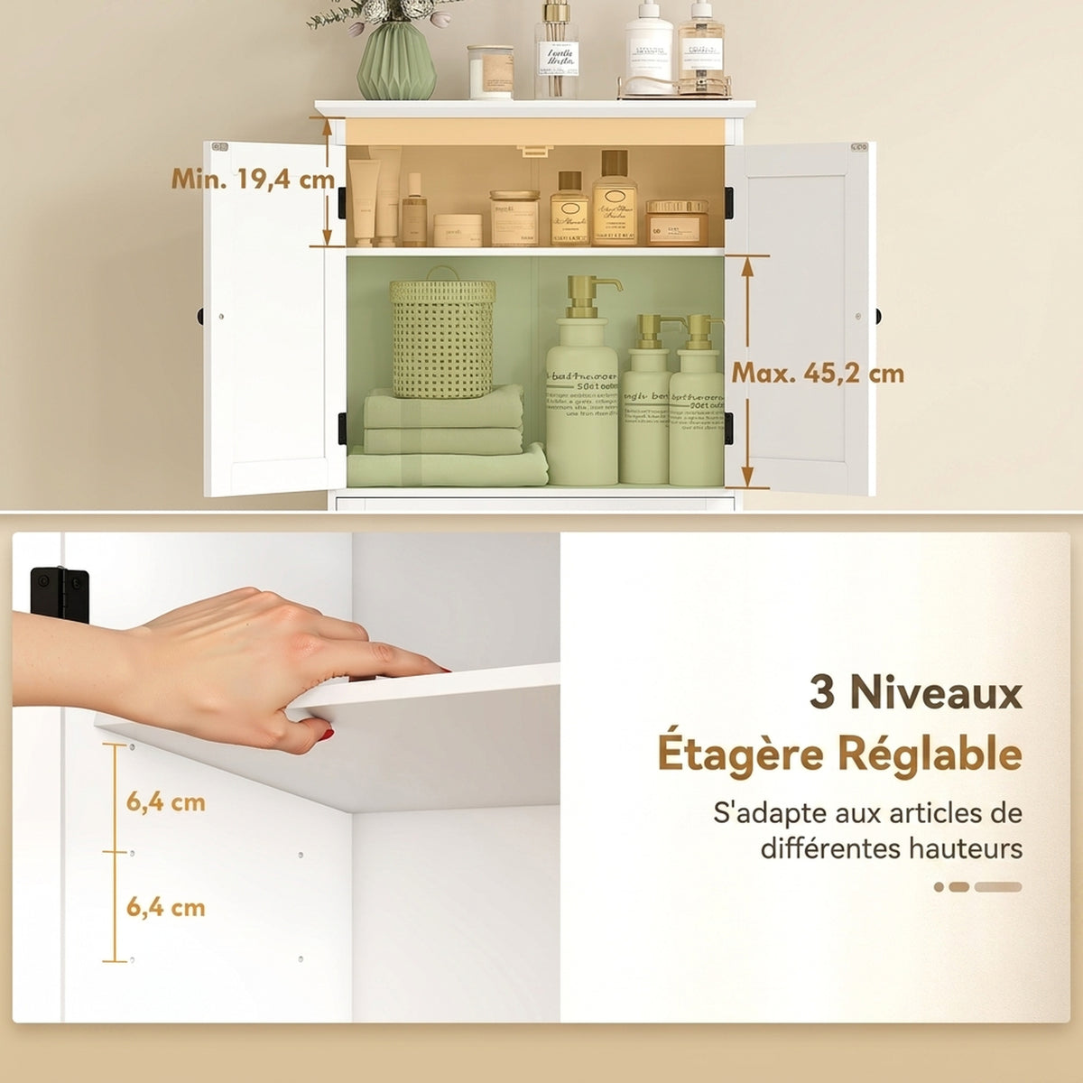 Meuble WC Rangement Dessus de Toilette, Meuble de Toilettes avec 2 Portes, Tiroir et Étagère Réglable, Blanc-4