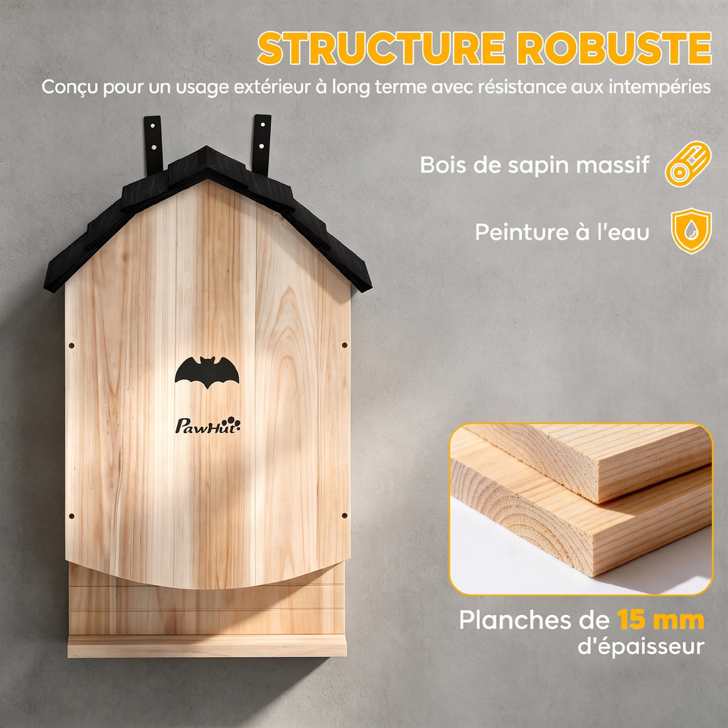Abri à Chauves-Souris 3 Chambres Plus de 15 Chauves-Souris Crochet Suspension Arrière 36,5x16,6x60cm Bois Naturel-5