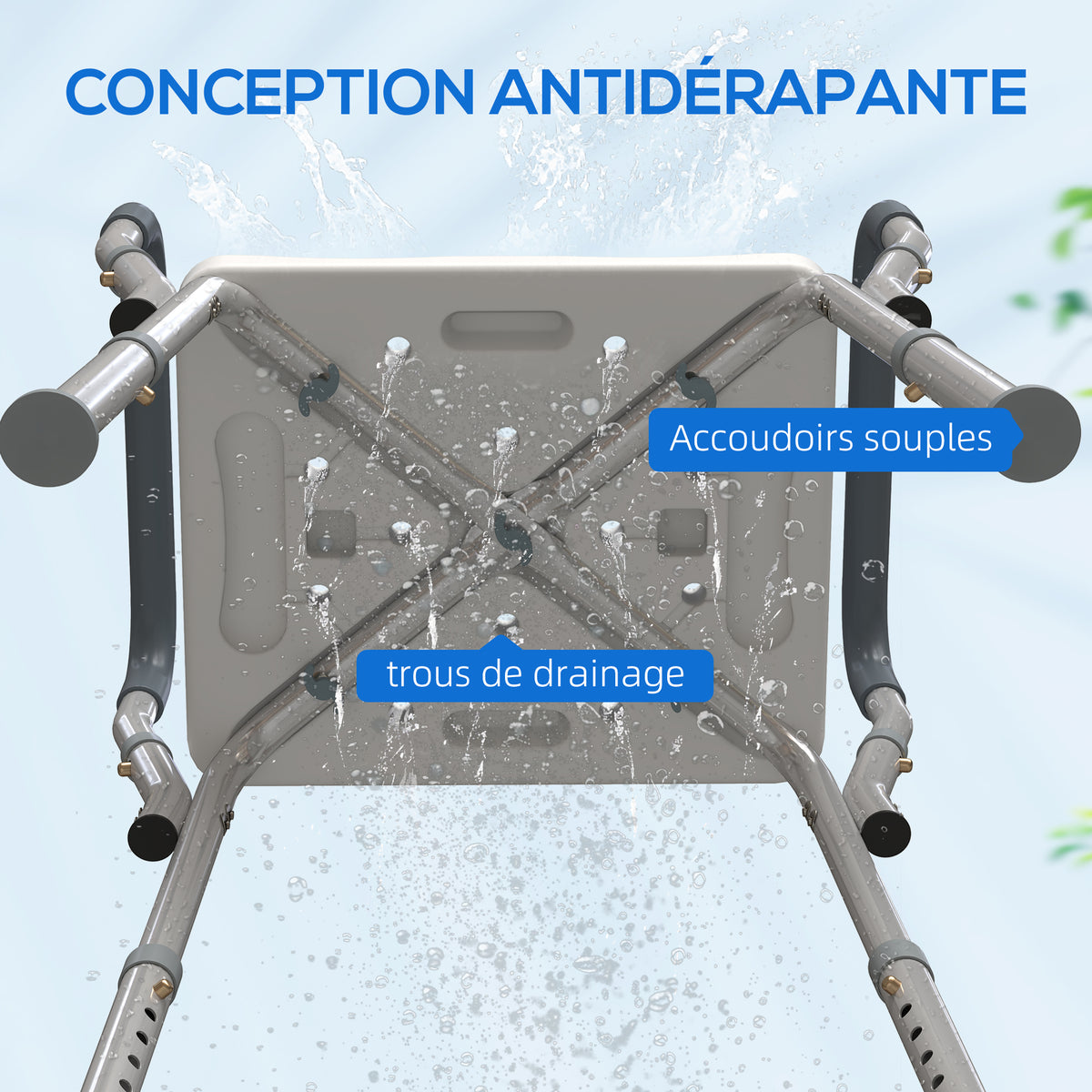 Tabouret de douche pour personnes âgées et handicapées avec accoudoirs, hauteur réglable, patins antidérapants, bleu-5