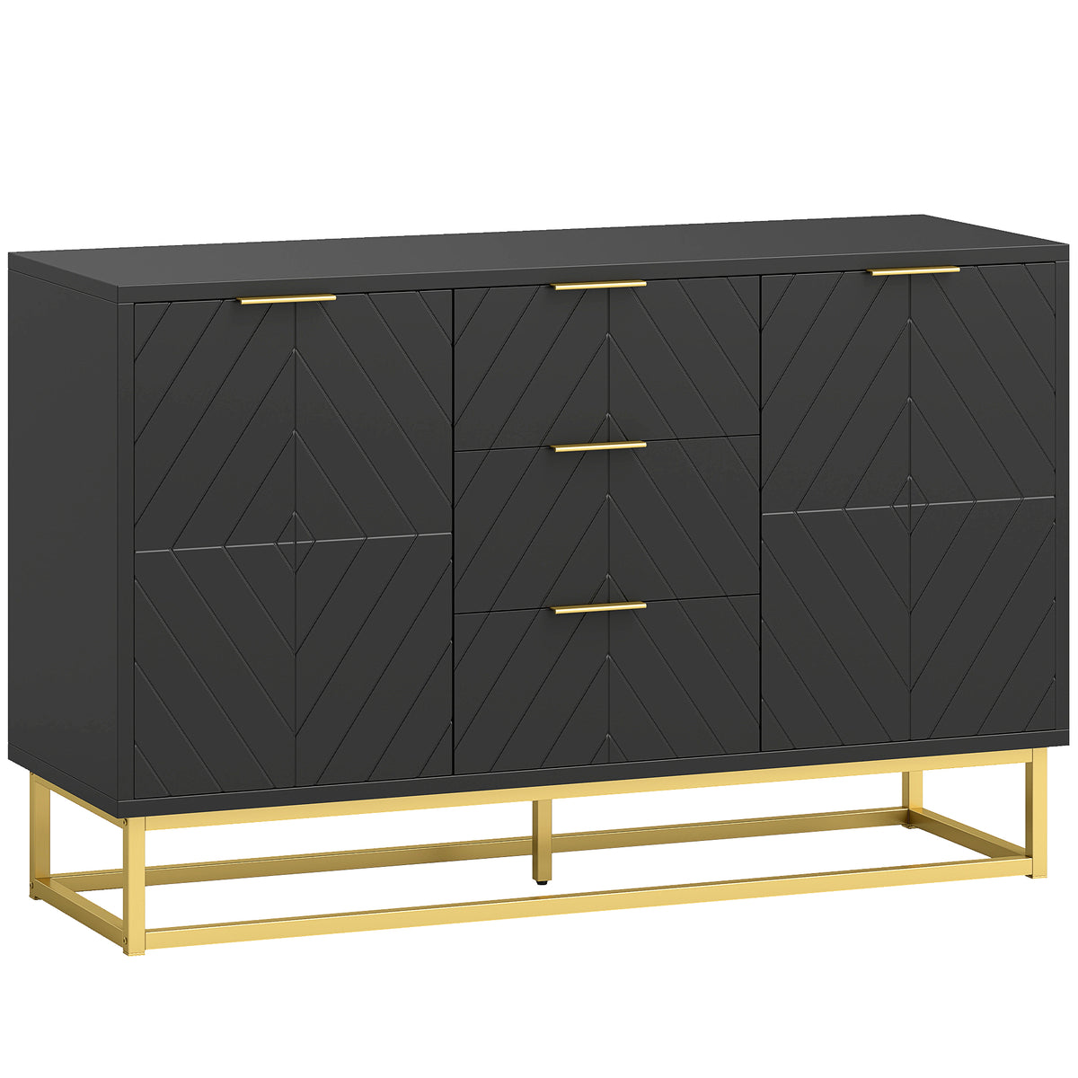 Buffet design contemporain graphique 2 placards porte étagères réglables 3 tiroirs coulissants en bois noir métal doré-0